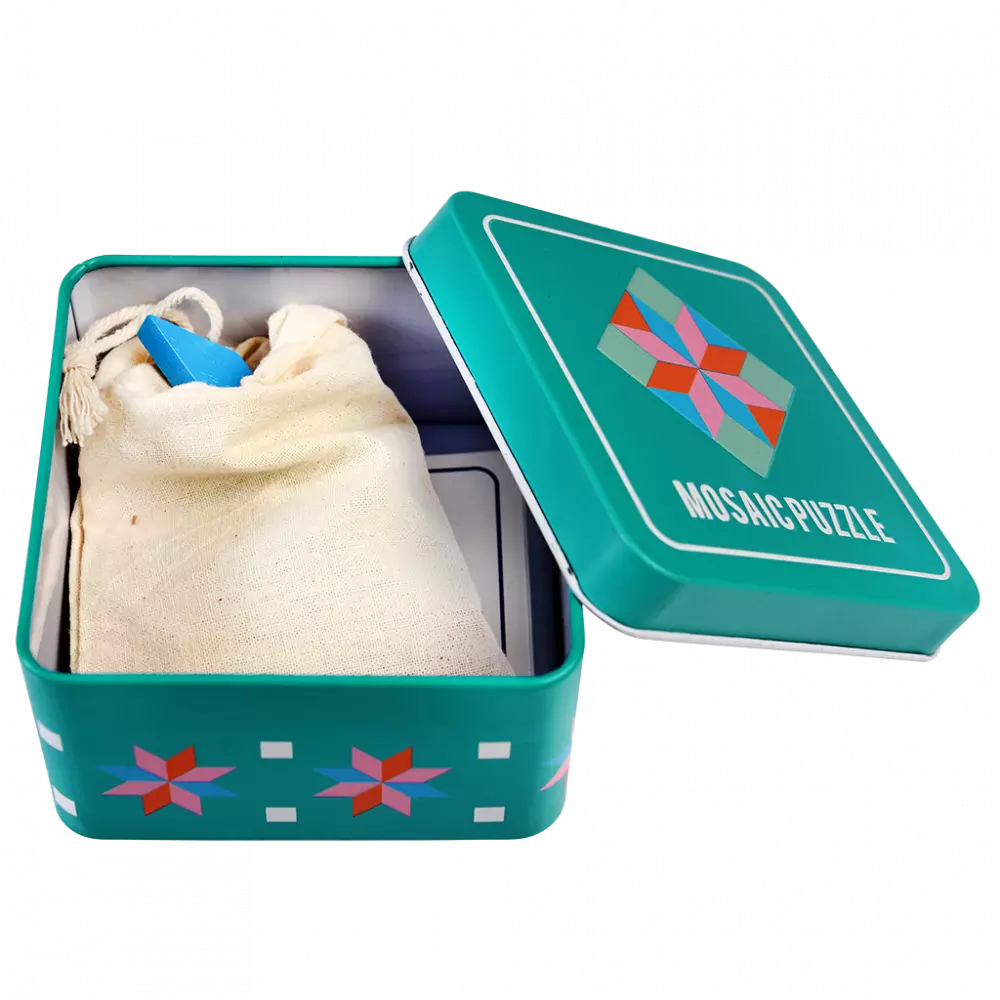 Wooden Mosaic Puzzle In A Tin